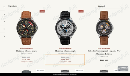 Snapshot of AVI-8 promo: 'Enjoy Up to 30% Off Iconic P-51 Mustang Timepieces' - captured during verification by DontPayFull on 17-Sep-2026.