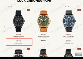 Snapshot of AVI-8 promo: 'Save up to 30% on Spitfire Lock Chronograph Timepieces' - captured during verification by DontPayFull on 16-Sep-2026.