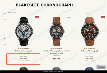 Snapshot of AVI-8 promo: 'Up to $66 Off P-51 Mustang Blakeslee Chronograph Watches' - captured during verification by DontPayFull on 26-Jul-2026.
