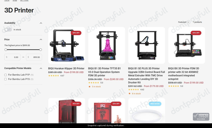 Snapshot of Biqu promo: 'Enjoy Up to 65% Off Select 3D Printer Models' - captured during verification by DontPayFull on 27-Jun-2026.