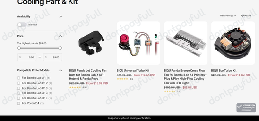 Snapshot of Biqu promo: 'Up to 80% Off 3D Printer Fans' - captured during verification by DontPayFull on 27-Sep-2026.