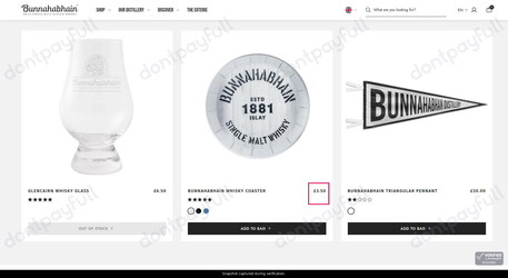 Snapshot of Bunnahabhain promo: 'Shop Glassware and Barware Starting at £3.5' - captured during verification by DontPayFull on 29-Sep-2026.