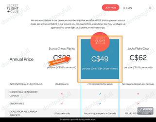 Snapshot of Secret Flight Club promo: 'Secret Flight Club Membership for Only CA$49/year' - captured during verification by DontPayFull on 20-Jun-2026.