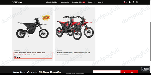 Snapshot of YozmaSport promo: 'Up to CA$300 Off Electric Dirt Bikes' - captured during verification by DontPayFull on 30-Jun-2026.