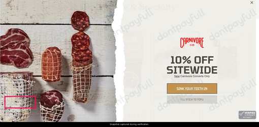 Snapshot of Carnivore Club promo: 'Up to 60% Off The Charcuterie Collection' - captured during verification by DontPayFull on 10-Aug-2026.