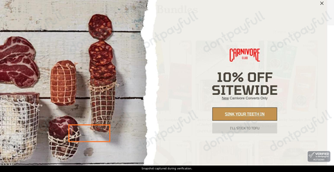 Snapshot of Carnivore Club promo: 'Save up to 30% on Jerky Gift Sets' - captured during verification by DontPayFull on 15-Aug-2026.