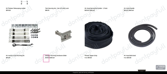 Snapshot of Cascadia Vehicle Tents promo: 'Tent Replacement Parts from $3' - captured during verification by DontPayFull on 24-Sep-2026.