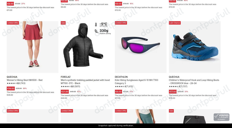 Snapshot of Decathlon promo: 'Save up to 50% on Hiking & Trekking Essentials' - captured during verification by DontPayFull on 30-Jun-2026.