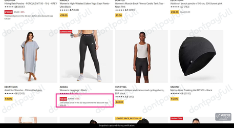 Snapshot of Decathlon promo: 'Up to 85% Off Women's Clothes' - captured during verification by DontPayFull on 30-Jun-2026.