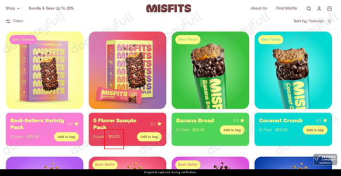 Snapshot of Misfits Health promo: 'Get Your Favorite Flavors from $15' - captured during verification by DontPayFull on 03-Jul-2026.