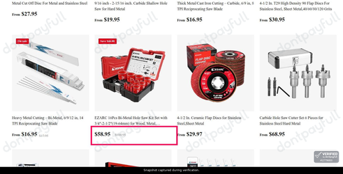 Snapshot of EZARC promo: 'Enjoy Up to 44% Off Tools for Metal Fabrication' - captured during verification by DontPayFull on 29-Jun-2026.