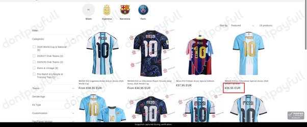 Snapshot of FansJerseyHub promo: 'Lionel Messi Jerseys from €36' - captured during verification by DontPayFull on 01-Oct-2026.