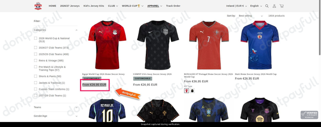 Snapshot of FansJerseyHub promo: 'Shop Men's Soccer Kits Starting at €26' - captured during verification by DontPayFull on 01-Oct-2026.