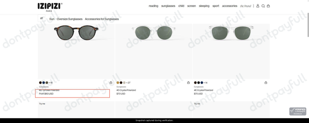 Snapshot of Izipizi promo: 'Find Stylish Polarized Sunglasses from Just $60' - captured during verification by DontPayFull on 09-Sep-2026.