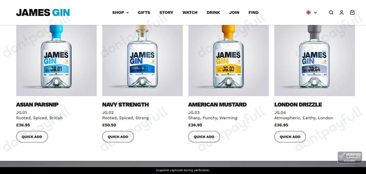 Snapshot of James Gin promo: 'Meticulously Engineered Gin from £36' - captured during verification by DontPayFull on 01-Oct-2026.