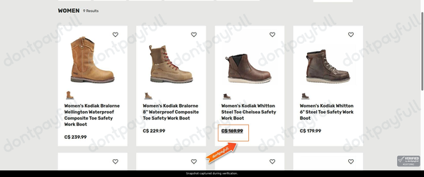 Snapshot of Kodiak promo: 'Best-selling Women's Boots Starting at CA$169' - captured during verification by DontPayFull on 27-Oct-2026.