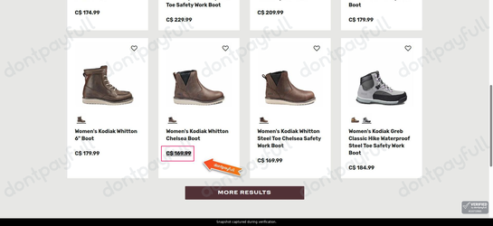 Snapshot of Kodiak promo: 'Find Women's Work Styles from CA$169' - captured during verification by DontPayFull on 27-Oct-2026.