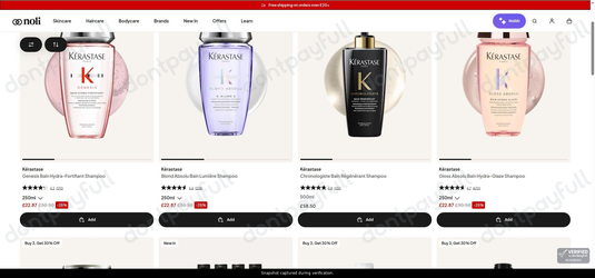 Snapshot of Noli promo: 'Up to 25% Off Hair Cleansers' - captured during verification by DontPayFull on 27-Sep-2026.