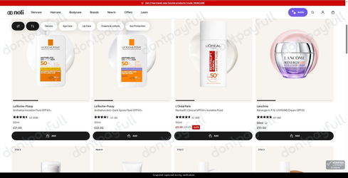 Snapshot of Noli promo: 'Up to 50% Off Sunscreens and SPF Moisturisers' - captured during verification by DontPayFull on 27-Sep-2026.