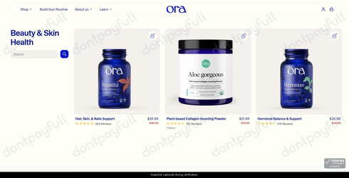 Snapshot of Ora Organic promo: 'Enjoy Up to 30% Off Select Hair, Skin, & Nails Support' - captured during verification by DontPayFull on 13-Jun-2026.