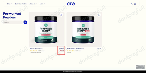 Snapshot of Ora Organic promo: 'Save up to $11 on Performance Pre-workouts' - captured during verification by DontPayFull on 17-Jun-2026.