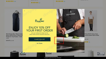 Snapshot of Russums promo: 'Get up to 30% Off a Range of Waist Aprons' - captured during verification by DontPayFull on 13-Jun-2026.