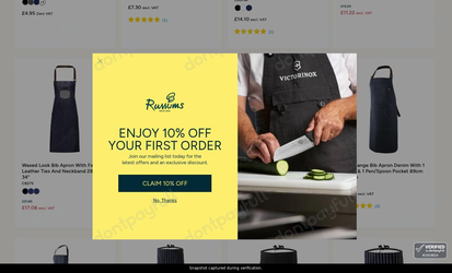 Snapshot of Russums promo: 'Save up to £5 on a Wide Range of Aprons' - captured during verification by DontPayFull on 13-Jun-2026.