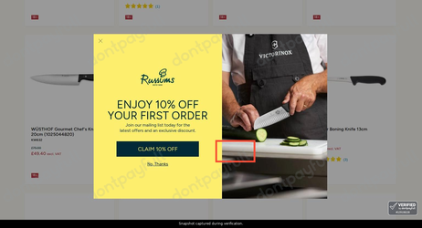 Snapshot of Russums promo: 'Save up to 35% on a Wide Range of Chef's Knives' - captured during verification by DontPayFull on 13-Jun-2026.