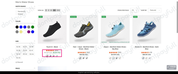 Snapshot of Saguaro promo: 'Enjoy Up to 65% Off Water Shoes for Men' - captured during verification by DontPayFull on 23-Jul-2026.