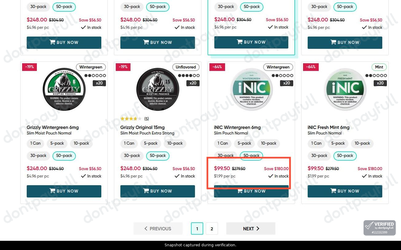 Snapshot of Prilla promo: 'Enjoy Up to 65% Off a Wide Range of Nicotine Pouches' - captured during verification by DontPayFull on 15-Aug-2026.