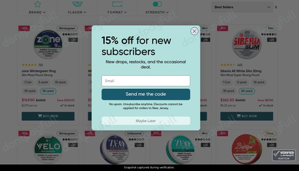 Snapshot of Prilla promo: 'Up to $150 Off Strong, Extra Strong & Super Strong Pouches' - captured during verification by DontPayFull on 13-Aug-2026.