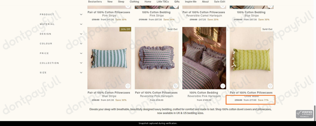 Snapshot of TBCO promo: 'Up to 70% Off 100% Cotton Bedding' - captured during verification by DontPayFull on 09-Sep-2026.