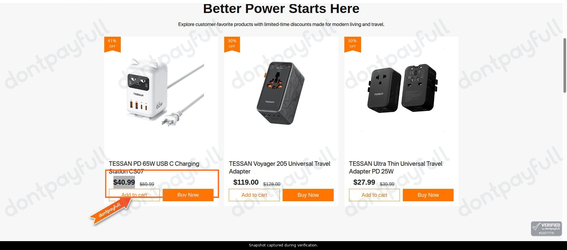 Snapshot of TESSAN promo: 'Save up to 40% on Charging Essentials' - captured during verification by DontPayFull on 26-Oct-2026.