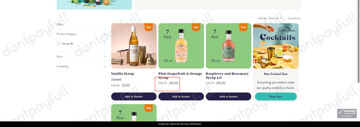 Snapshot of The Curious Drinker - Craft Gin Club promo: 'Up to 55% Off Selected Cocktail Syrups' - captured during verification by DontPayFull on 02-Jul-2026.