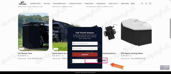 Snapshot of TOPOAK promo: 'Up to 20% Off Select Awnings and Add-ons' - captured during verification by DontPayFull on 28-Oct-2026.