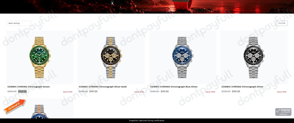 Snapshot of Tornado Store USA promo: 'Save up to $100 on Cosmic Chrono Timepieces' - captured during verification by DontPayFull on 28-Oct-2026.