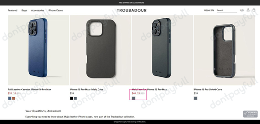 Snapshot of Troubadour promo: 'Save up to 25% on Cases for iPhone 16' - captured during verification by DontPayFull on 15-Sep-2026.