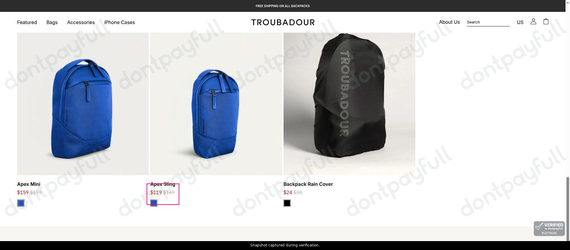 Snapshot of Troubadour promo: 'Save up to 20% on Backpacks, Totes, and Accessories' - captured during verification by DontPayFull on 22-Sep-2026.
