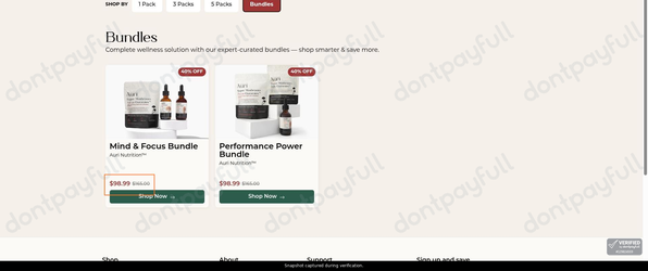 Snapshot of Auri Nutrition promo: 'Enjoy Up to 40% Off Auri Nutrition Bundles' - captured during verification by DontPayFull on 29-Jun-2026.