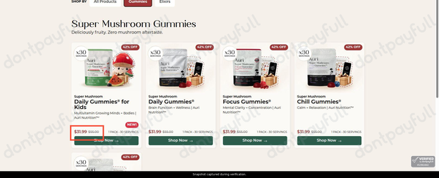 Snapshot of Auri Nutrition promo: 'Enjoy Up to 40% Off Mushroom Gummies' - captured during verification by DontPayFull on 29-Jun-2026.