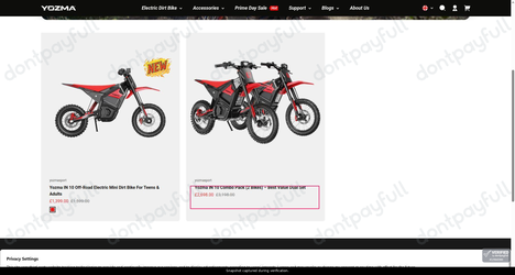 Snapshot of YozmaSport promo: 'Up to £500 Off Electric Dirt Bikes' - captured during verification by DontPayFull on 30-Jun-2026.