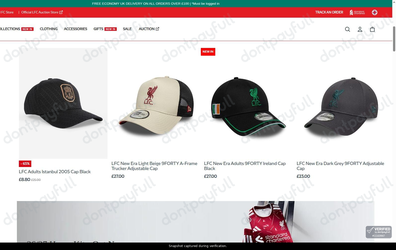 Snapshot of Liverpool Store promo: 'Save up to 65% on Men's Lfc Caps' - captured during verification by DontPayFull on 13-Jun-2026.