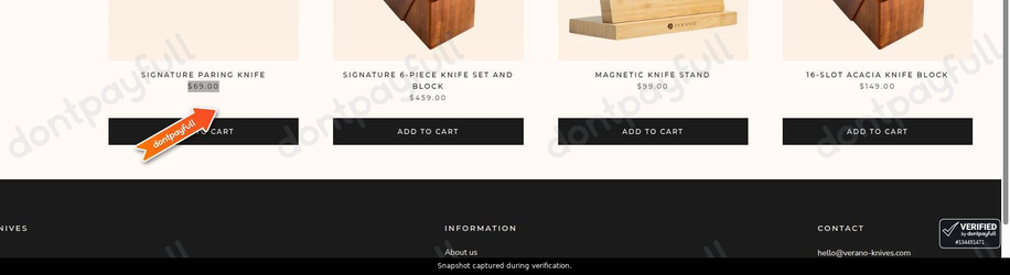 Snapshot of Verano Knives promo: 'Signature Series Knives from $69' - captured during verification by DontPayFull on 28-Oct-2026.